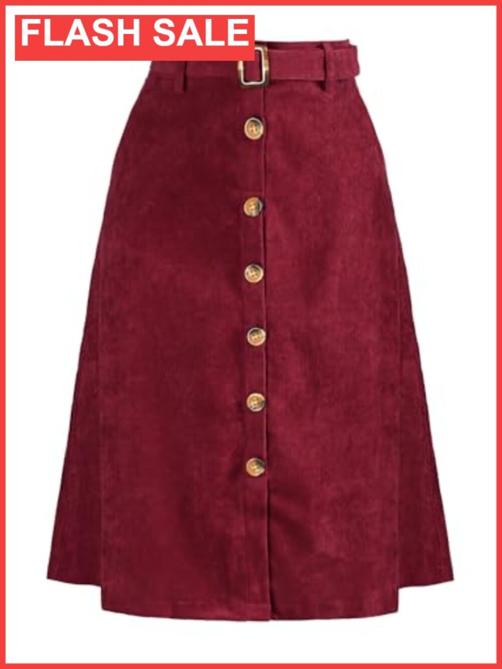 Corduroy Button Front High Waist Belted A-Line Midi Skirt
